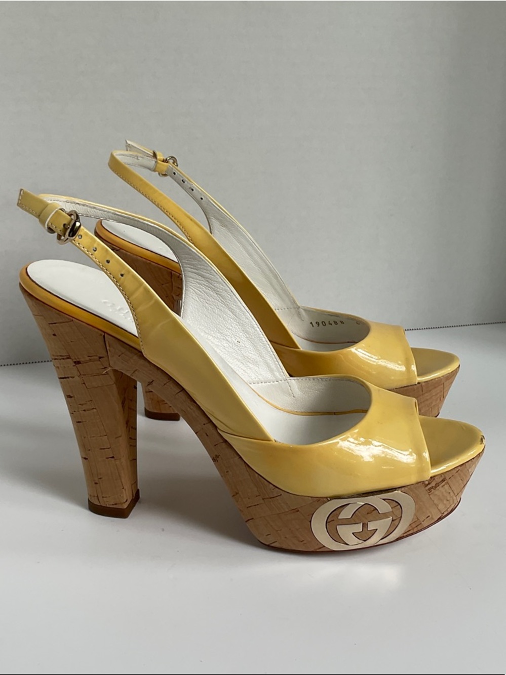 Gucci Yellow Patent Leather Cork Platform Slingback Heels with Logo